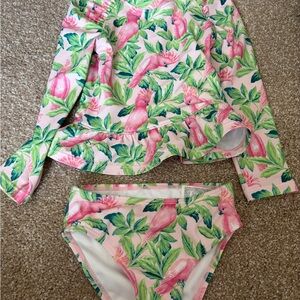 Janie and Jack Pink Parrot & Green Leaf Girls Long-Sleeve Rashguard Swim Set